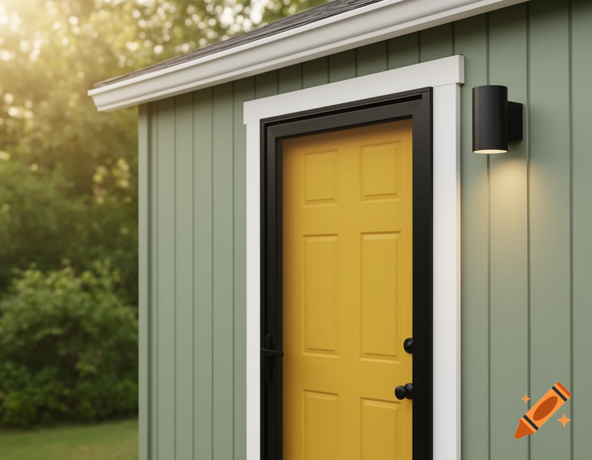 A sage green building with a bright yellow door, black trim, and an outdoor light under sunny skies.