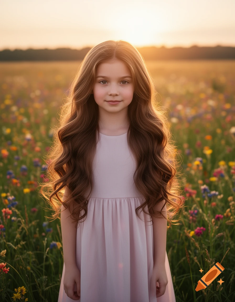 A young girl with long, wavy brown hair in a pink dress stands in a field of colorful wildflowers, backlit by a sunset.