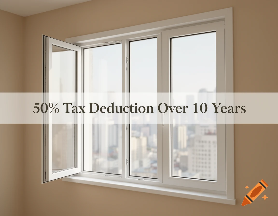 A white PVC window, partly open, views a city skyline, with text overlay '50% Tax Deduction Over 10 Years'.