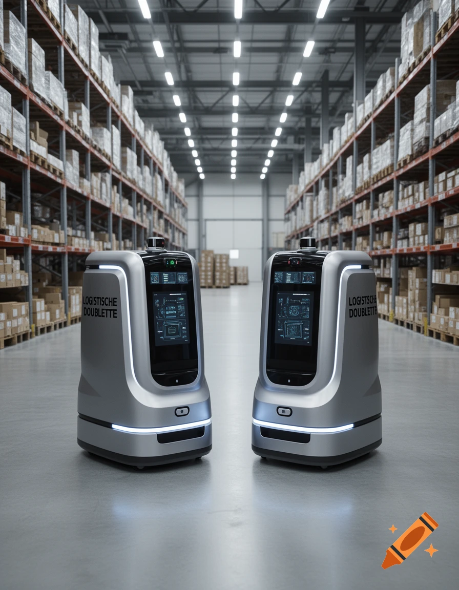 Two silver robots stand in a spacious warehouse filled with shelves stacked with boxes, photorealistic style.