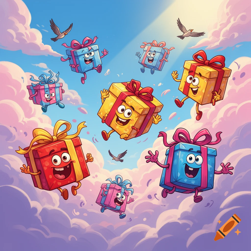 Smiling, colorful cartoon gift boxes with limbs fly through a bright, cloudy sky with birds.