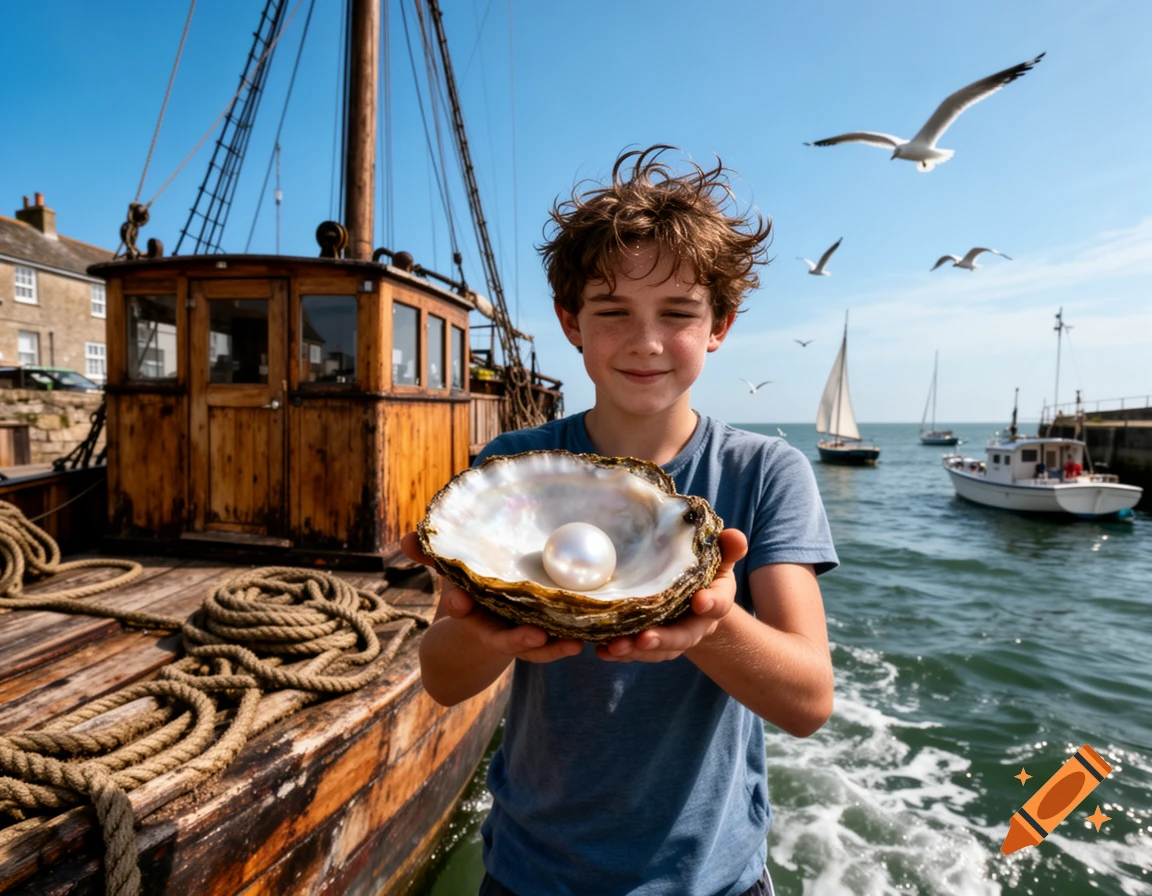 A smiling boy stands on a wooden boat, holding a large clam shell with a glistening pearl, with other boats and seagulls in a sunny harbor.