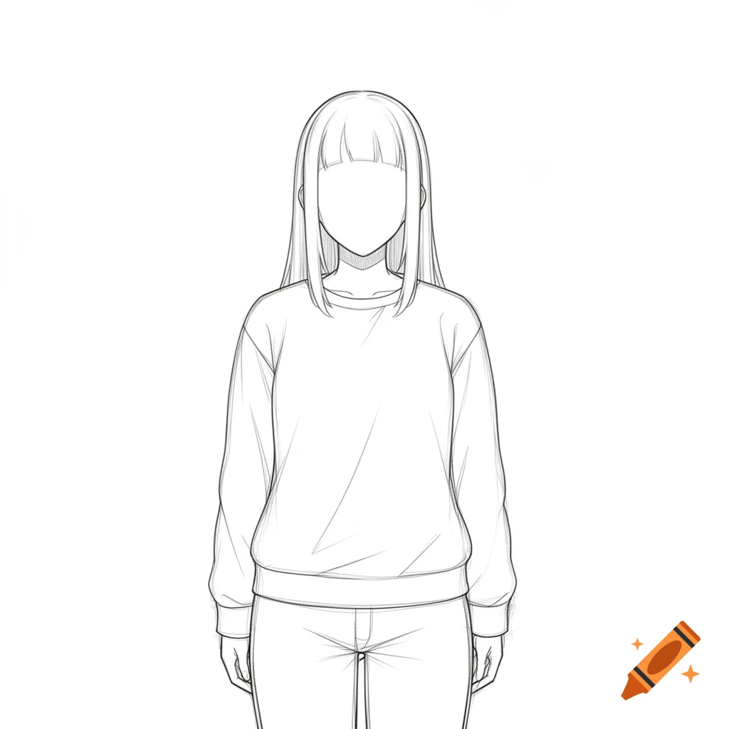 Line art sketch of an anime-style girl with long hair, bangs, a plain sweatshirt, and pants, standing against a white background.