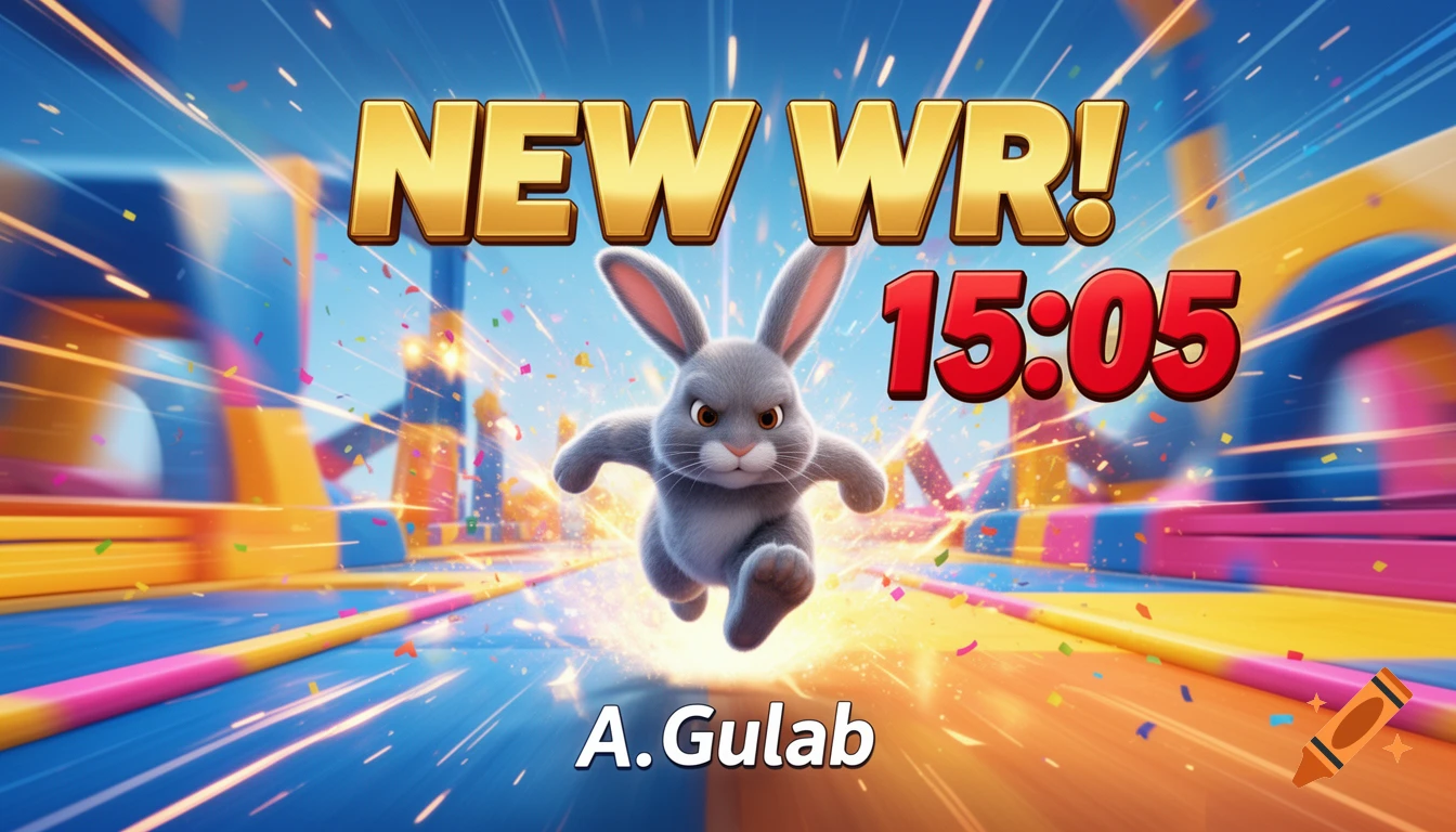 A determined gray cartoon bunny sprints through a vibrant obstacle course with confetti. Text reads "NEW WR! 15:05" and "A. Gulab".