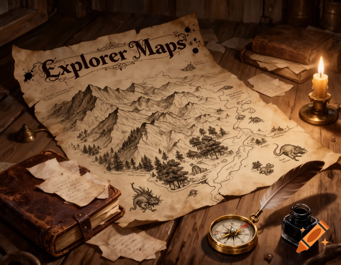 An old, crumpled parchment map titled "Explorer Maps" lies on a wooden desk, surrounded by a lit candle, an antique compass, an inkwell with a quill, and a leather-bound book with loose papers.