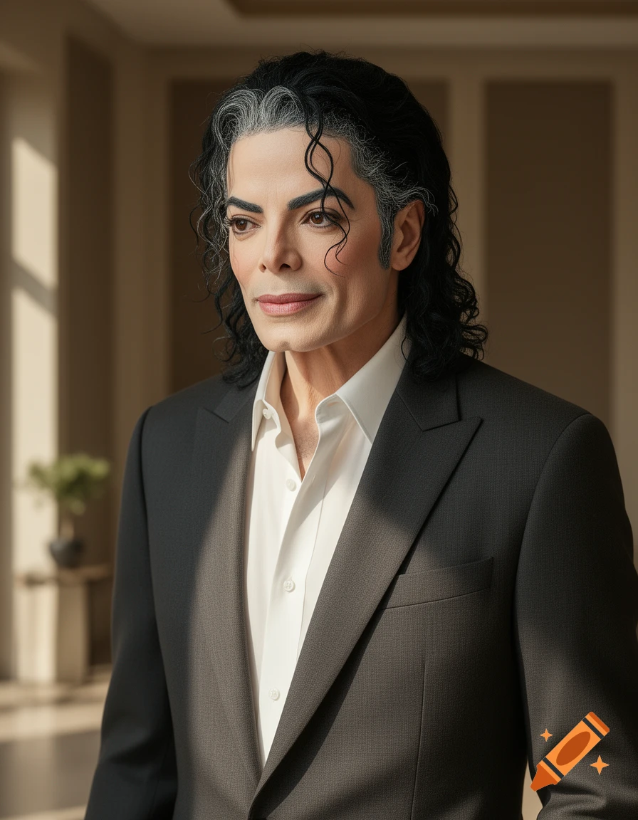 Photorealistic portrait of Michael Jackson with dark, wavy hair streaked with gray, wearing a dark suit and white shirt, looking to the side.