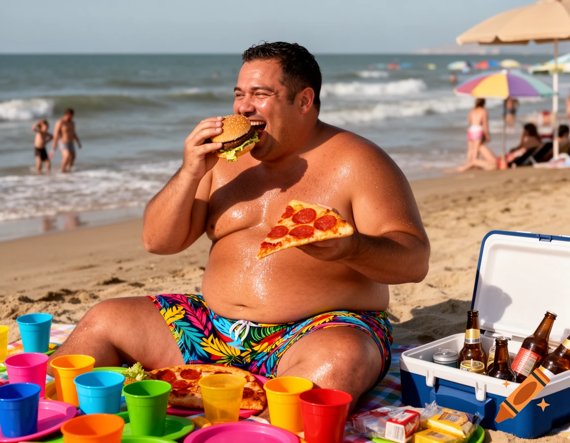 A man in swim trunks happily eating a burger and holding a slice of pizza on a sunny beach, with a cooler and colorful cups nearby.