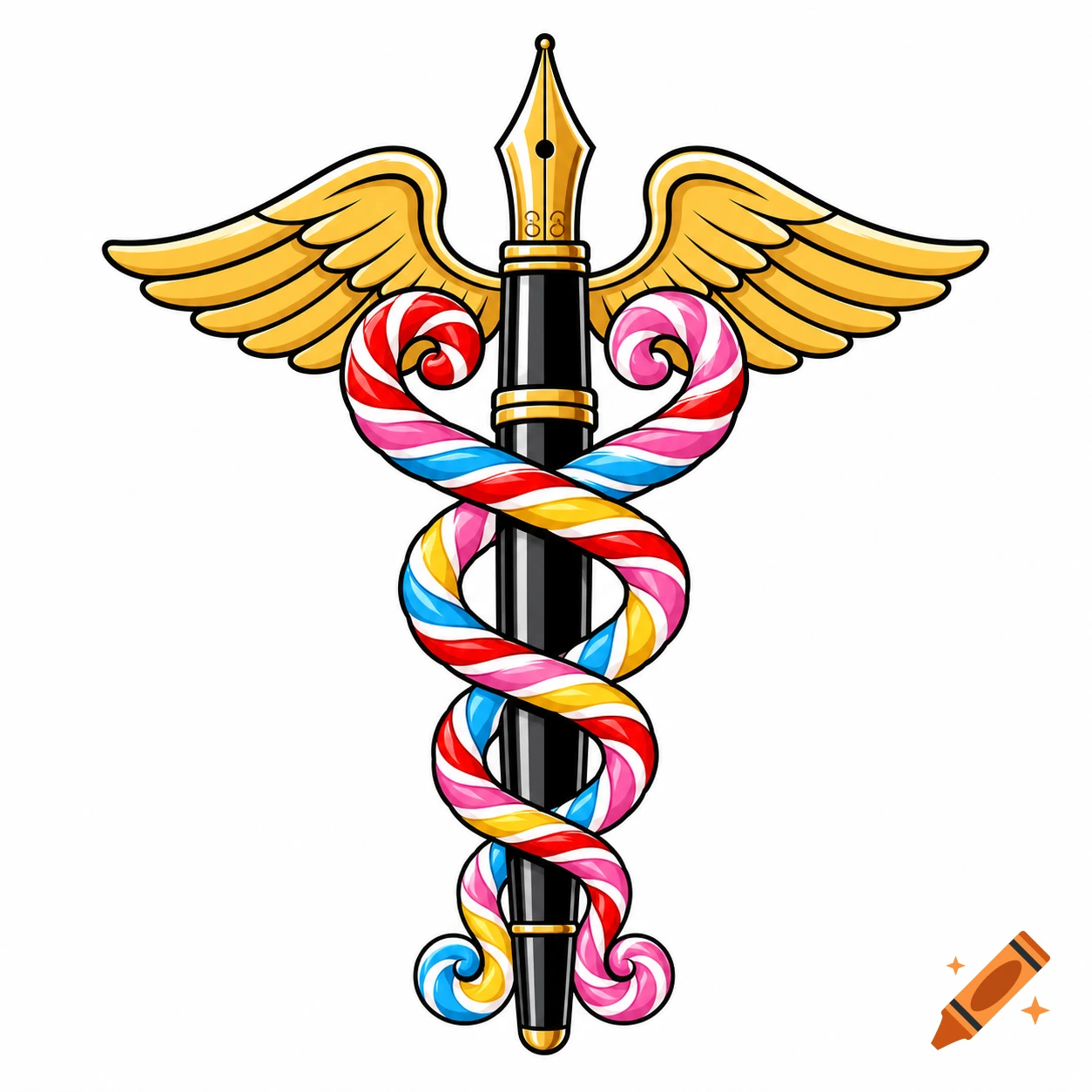 Cartoon caduceus parody: golden winged fountain pen wrapped with colorful red, blue, yellow, and pink candy ropes on white.