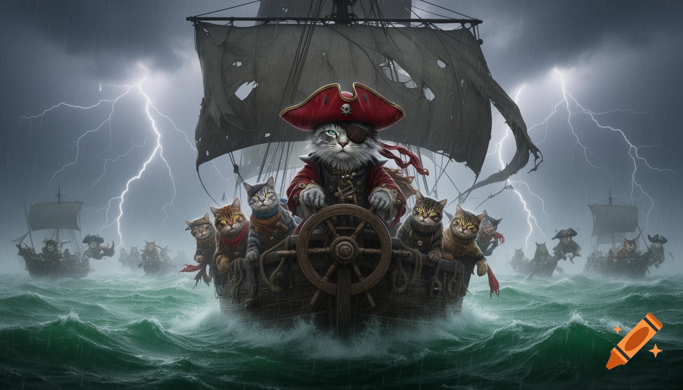 A cat pirate captain and crew sail a ship through a stormy sea with lightning, surrounded by other cat pirate vessels.