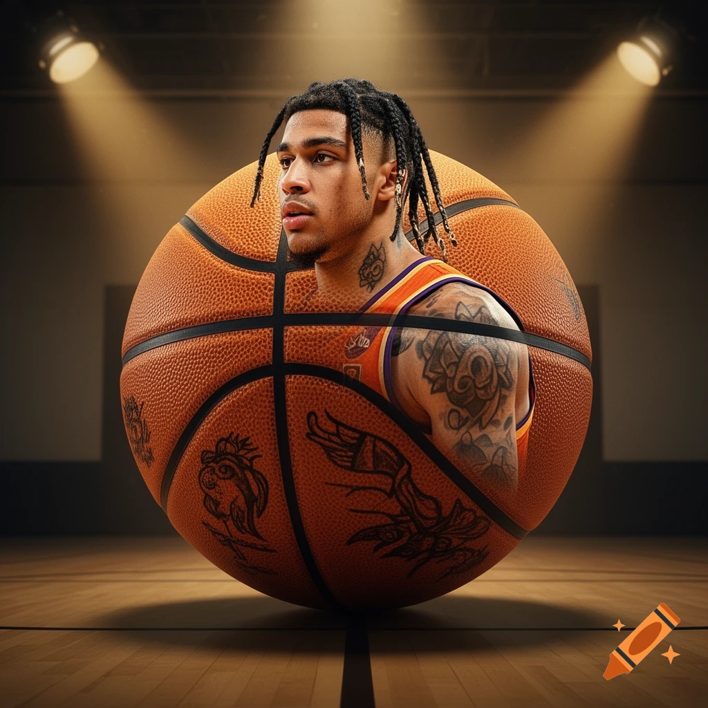 A man with dreadlocks wearing a basketball jersey emerges from a giant basketball on a court, under stadium lights.