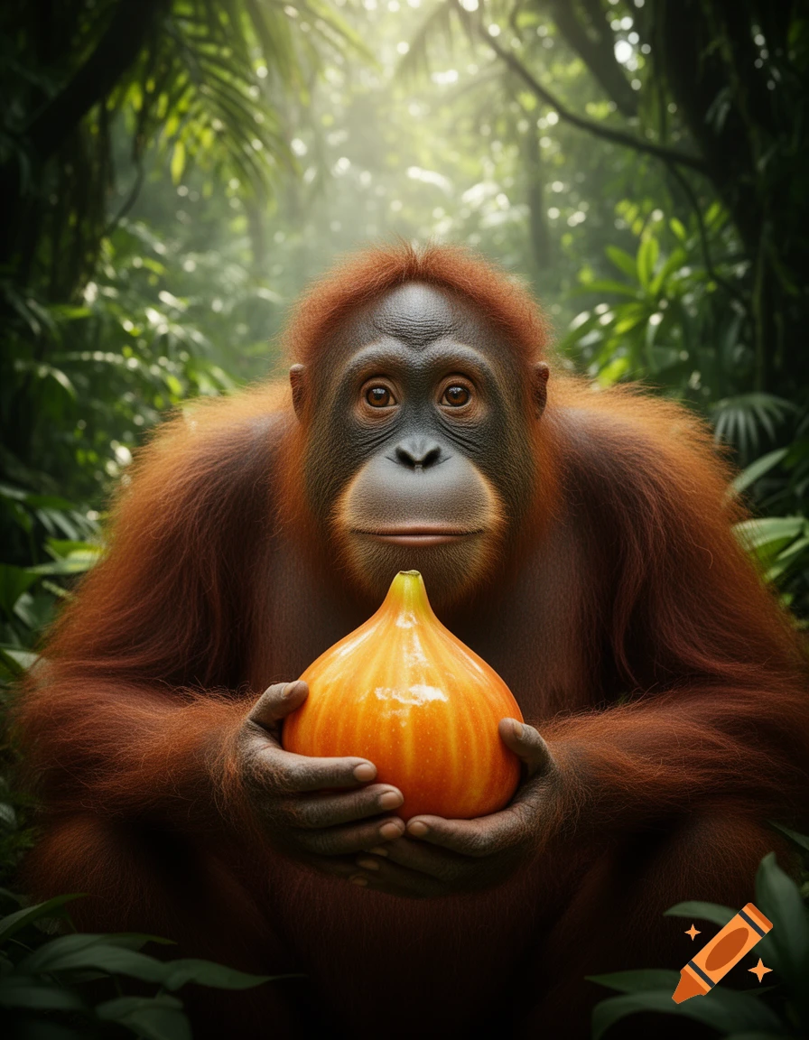 Photorealistic orangutan holding an orange, ribbed fruit in a lush green jungle.