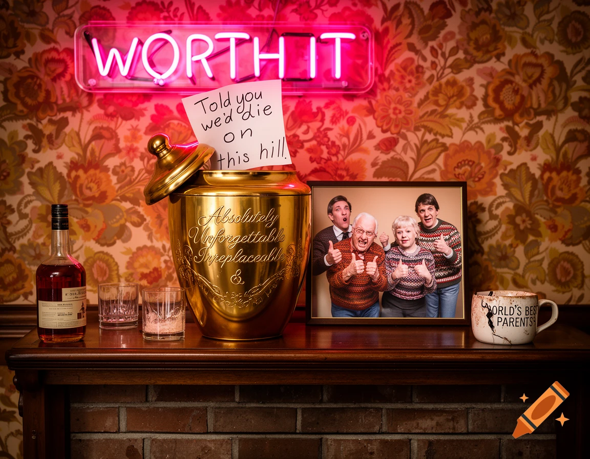A gold urn, framed family photo, alcohol, and a cracked mug on a mantelpiece under a 'WORTH IT' neon sign, photorealistic.