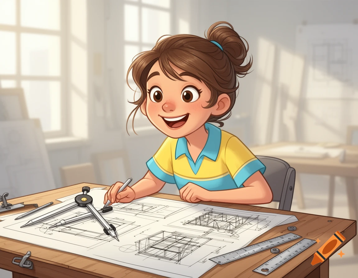 A smiling cartoon girl with brown hair in a yellow and blue shirt draws architectural plans at a wooden desk with drafting tools.