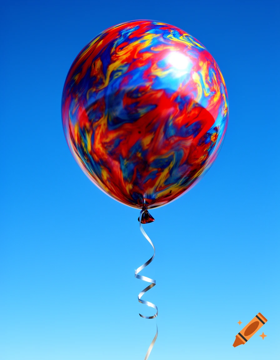 A vibrant, multicolored balloon with swirling red, blue, and yellow patterns floats in a clear bright blue sky with a metallic ribbon.