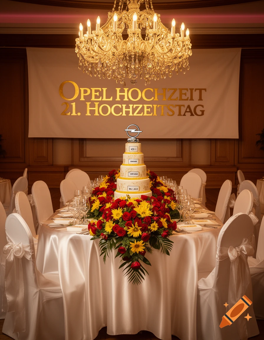 A formal wedding reception table features a multi-tiered cake adorned with an Opel logo and surrounded by a vibrant arrangement of red roses and yellow sunflowers. A banner in the background reads "OPEL HOCHZEIT 21. HOCHZEITSTAG".