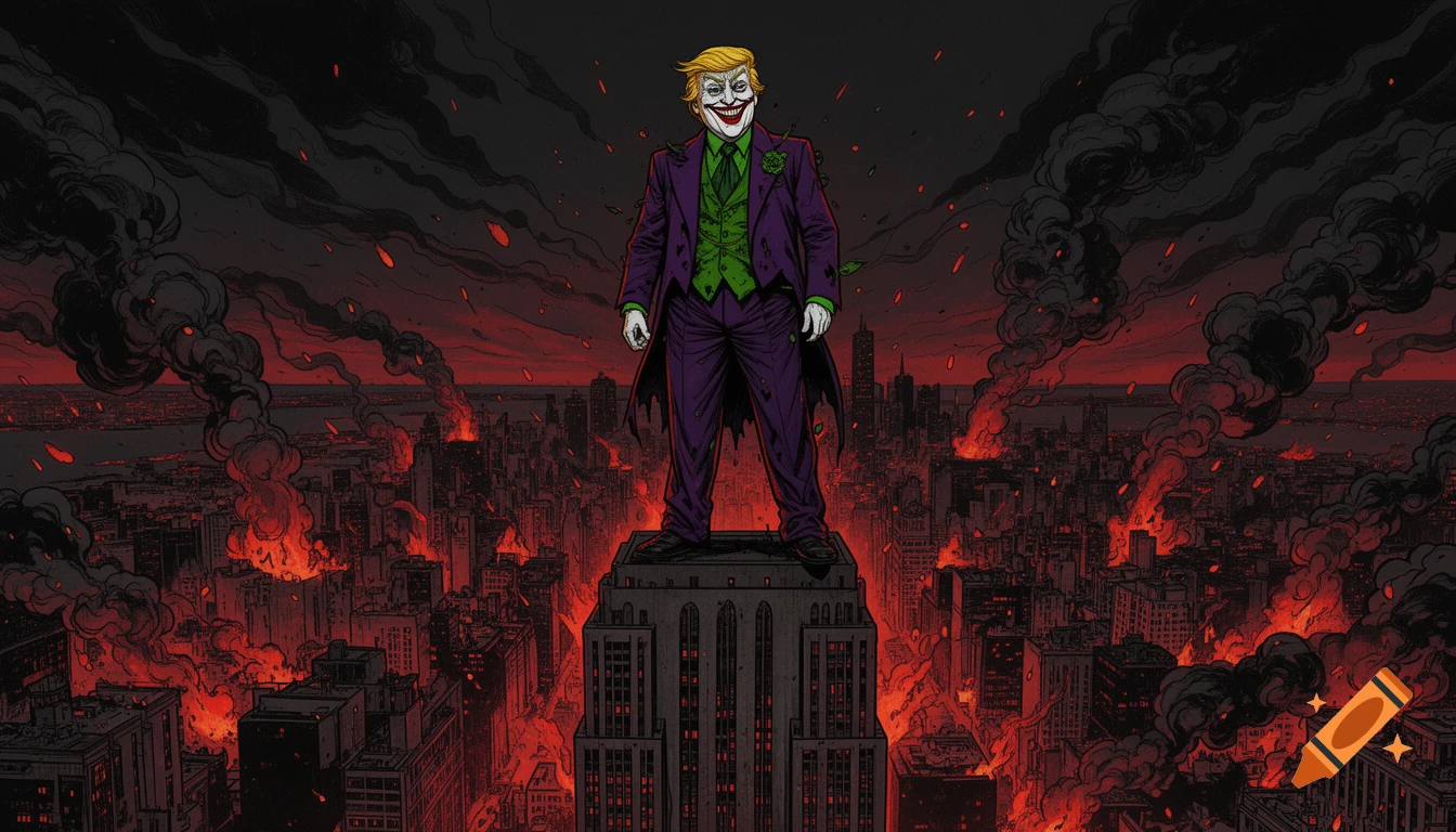 Donald Trump as the Joker stands on a skyscraper overlooking a burning city, in a dark graphic novel style.
