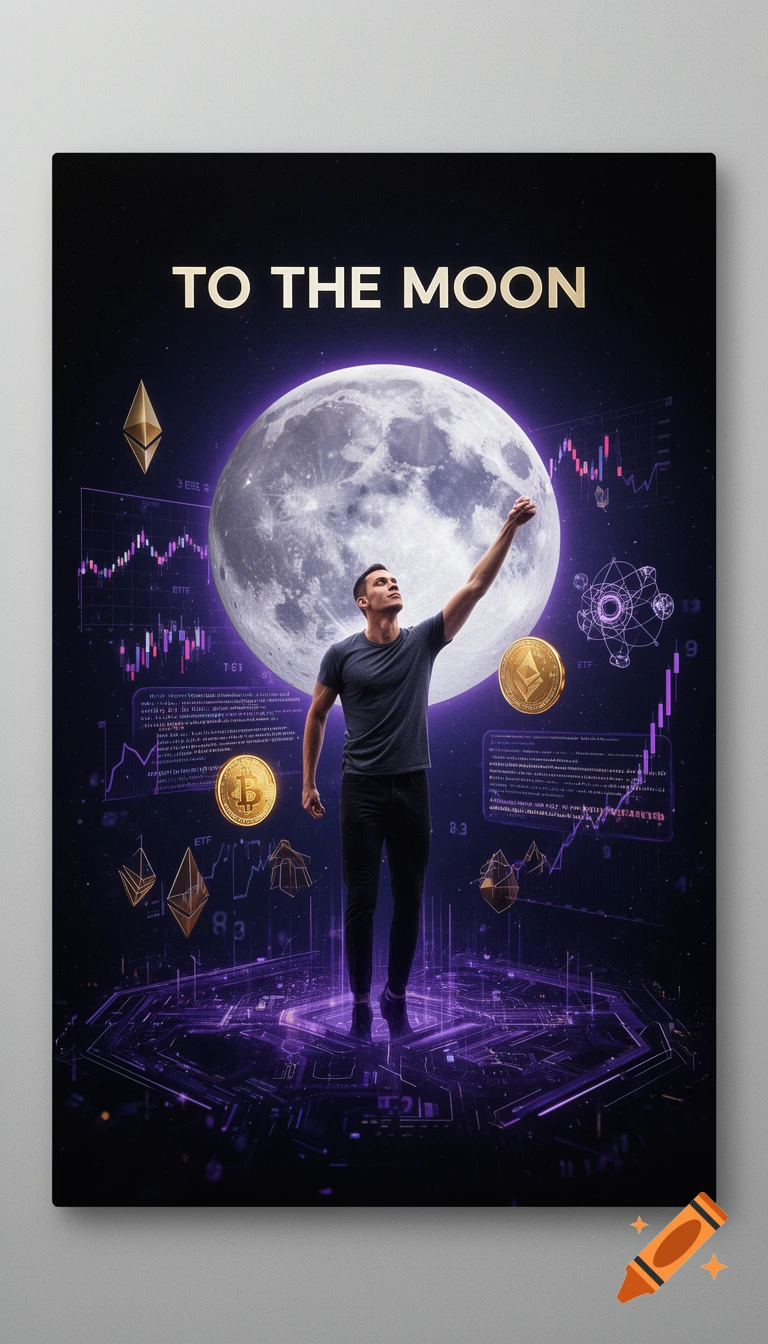 A man reaches up towards a large moon, surrounded by glowing purple financial data, charts, and cryptocurrency symbols in a dark, futuristic setting with "TO THE MOON" text.