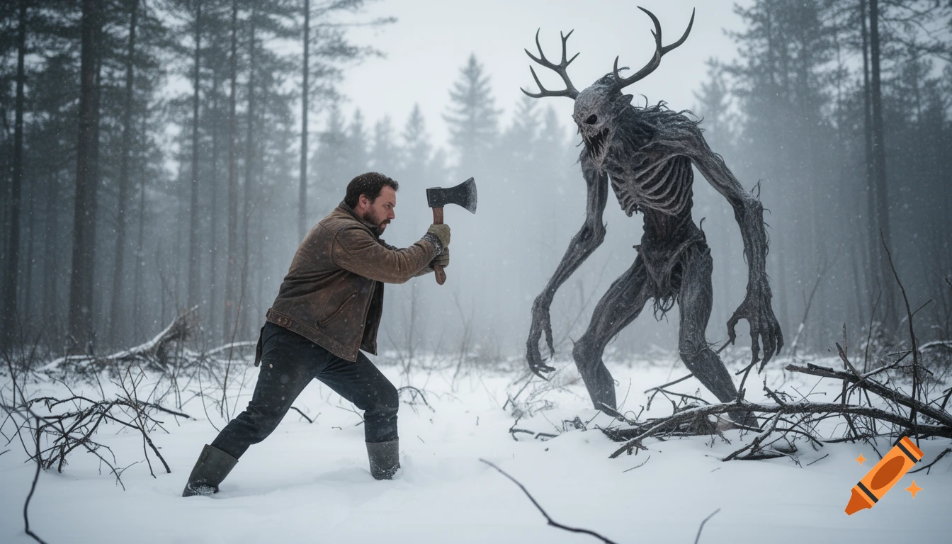 A man with an axe confronts a skeletal wendigo with antlers in a snowy forest, photorealistic.