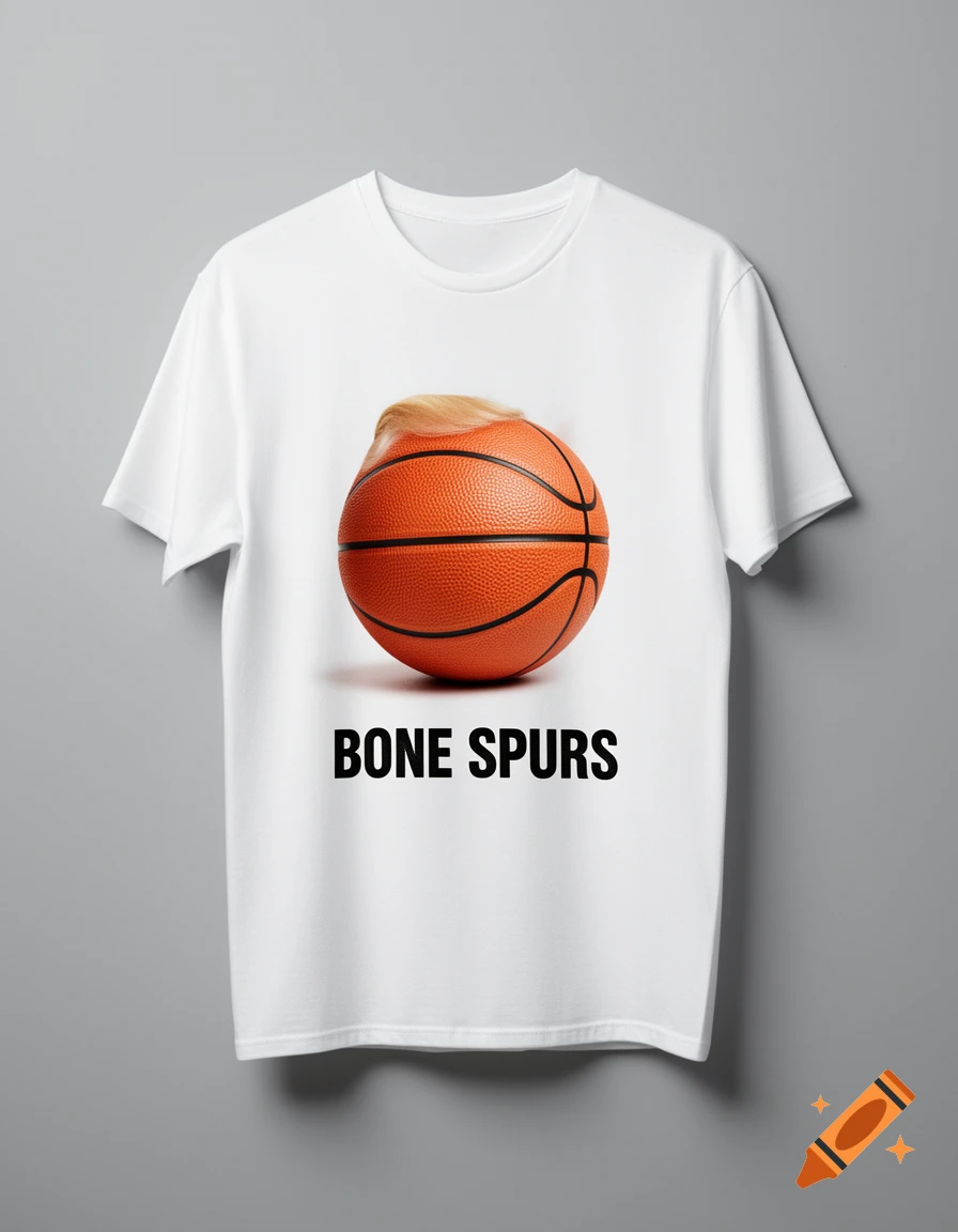 A white t-shirt featuring a basketball with blonde hair and the words BONE SPURS.