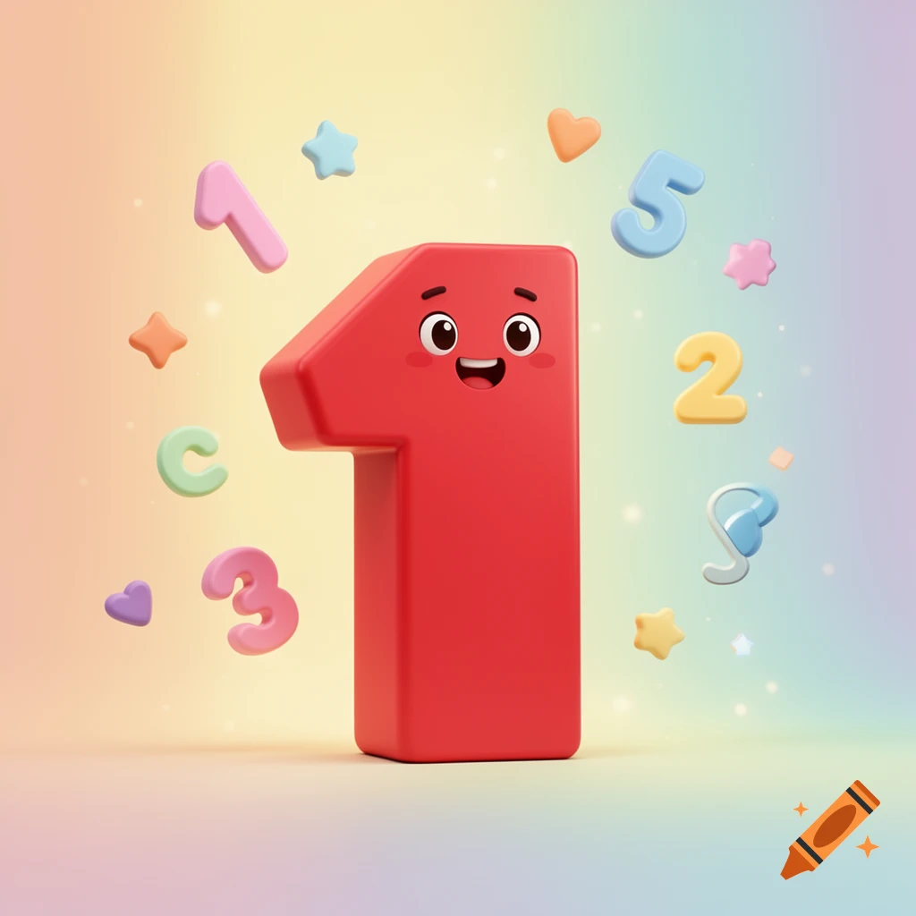A cheerful, red 3D number 1 with a smiling face stands on a rainbow background, surrounded by smaller colorful numbers and shapes.