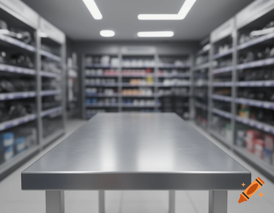A metallic table in the foreground with blurred shelves of products lining the walls of a store interior behind it.