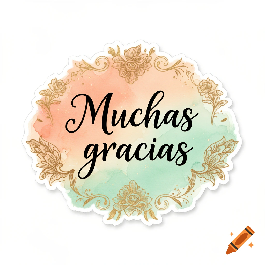 A 'Muchas gracias' sticker with black script on a peach and teal watercolor background, framed by a gold floral border.