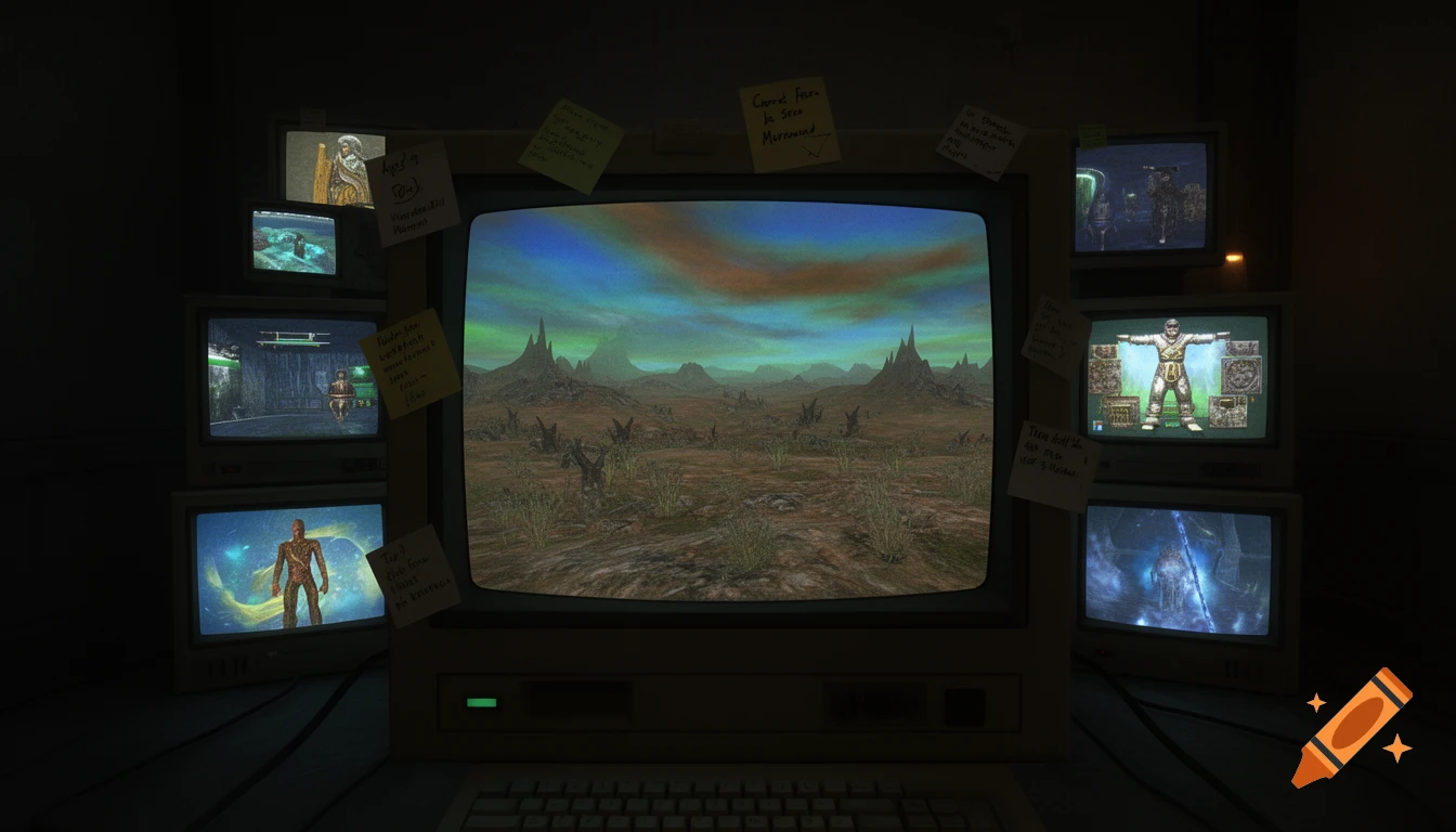 A dimly lit room showing an old CRT computer monitor displaying a fantasy landscape, surrounded by smaller CRT monitors showing game characters and scenes, with sticky notes attached to the monitors.