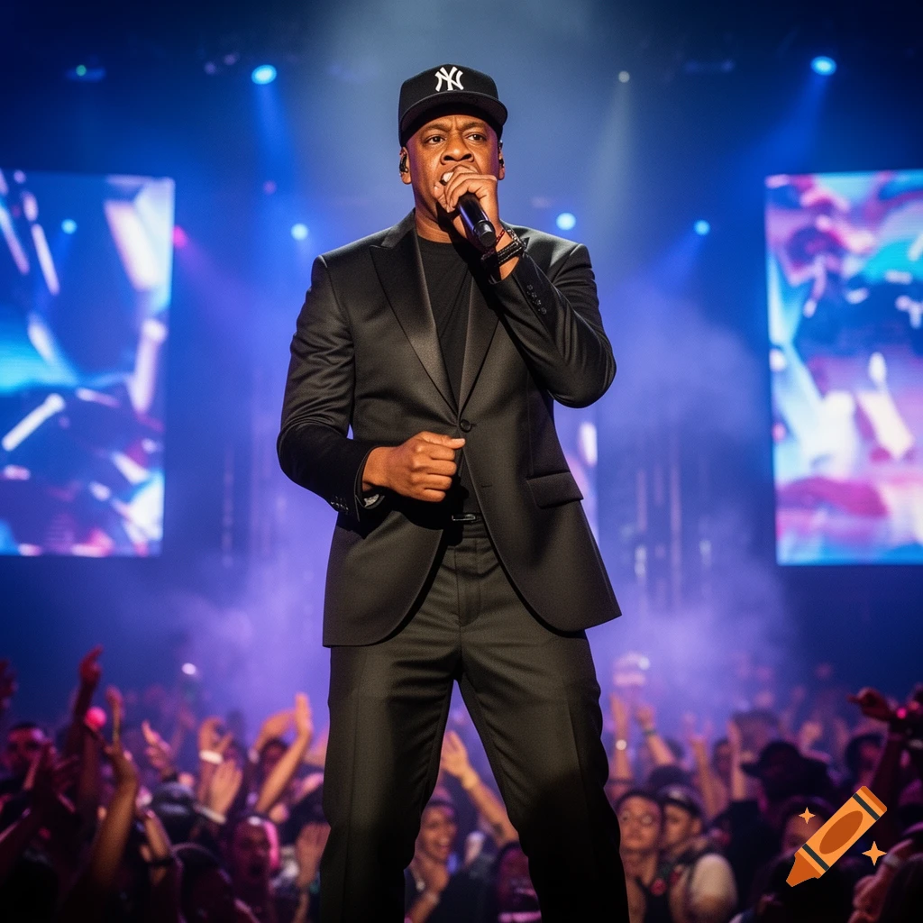 Jay-Z in a black suit and Yankees cap, singing into a microphone on a spotlighted stage in front of a cheering crowd.