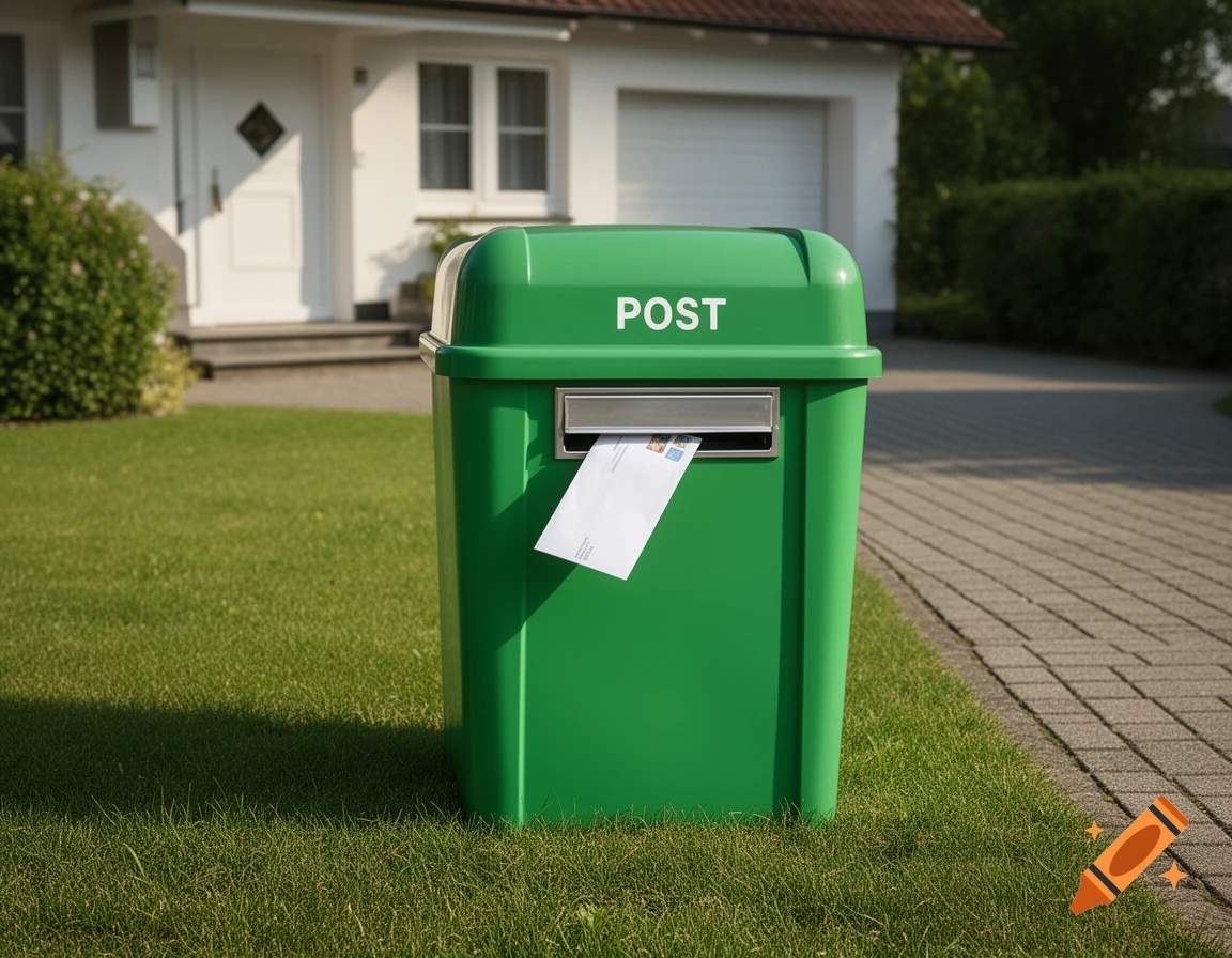 A green trash can repurposed as a mailbox with "POST" written on it, an envelope sticking out, in a grassy garden in front of a house.
