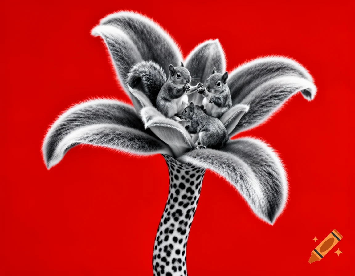 A black and white hybrid plant with a leopard-print stem and furry petals, hosting three small squirrels, on a vibrant red background.