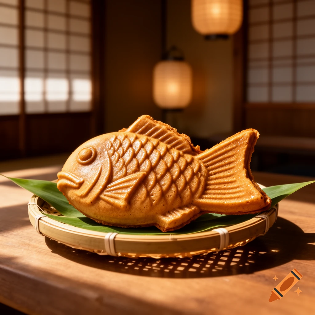 A golden-brown taiyaki, a fish-shaped Japanese pastry, rests on a bamboo mat on a wooden table in a traditional setting.