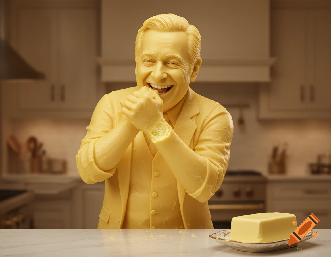 A photorealistic image of actor Kelsey Grammer, sculpted entirely from butter, smiling while biting his own butter arm in an upscale kitchen.