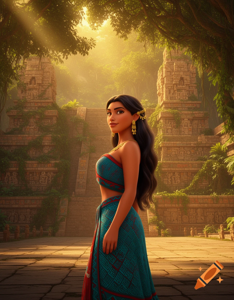 A woman in a teal outfit stands in ancient jungle ruins with sunbeams, looking over her shoulder, in a hyperrealistic animated style.