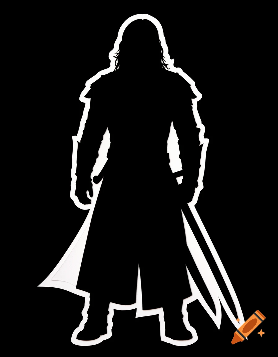 A white silhouette of a long-haired fantasy warrior in a long coat, holding a sword, against a black background.