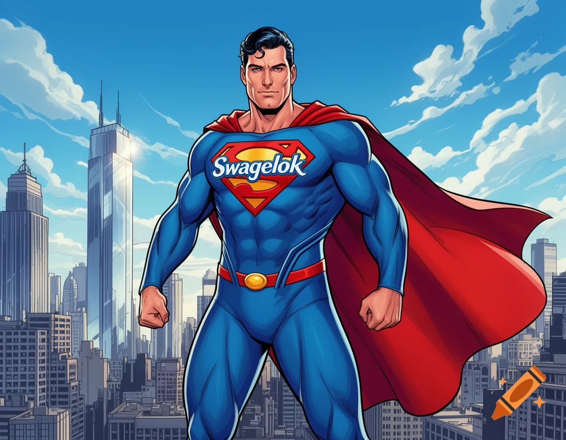Superman, wearing a blue and red suit with a 'Swagelok' logo, stands heroically before a detailed cityscape in a comic book art style.