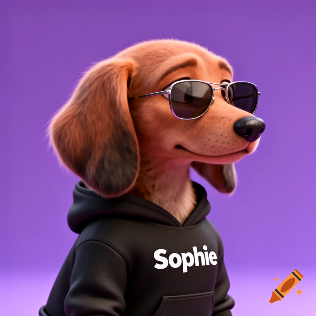 A cartoon-realistic long-eared dog wearing a black Sophie hoodie and stylish sunglasses against a purple background.