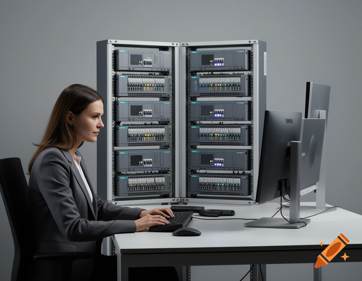 A woman in a business suit types at a desk with two monitors, in front of two server racks displaying Siemens ET 200SP modules.