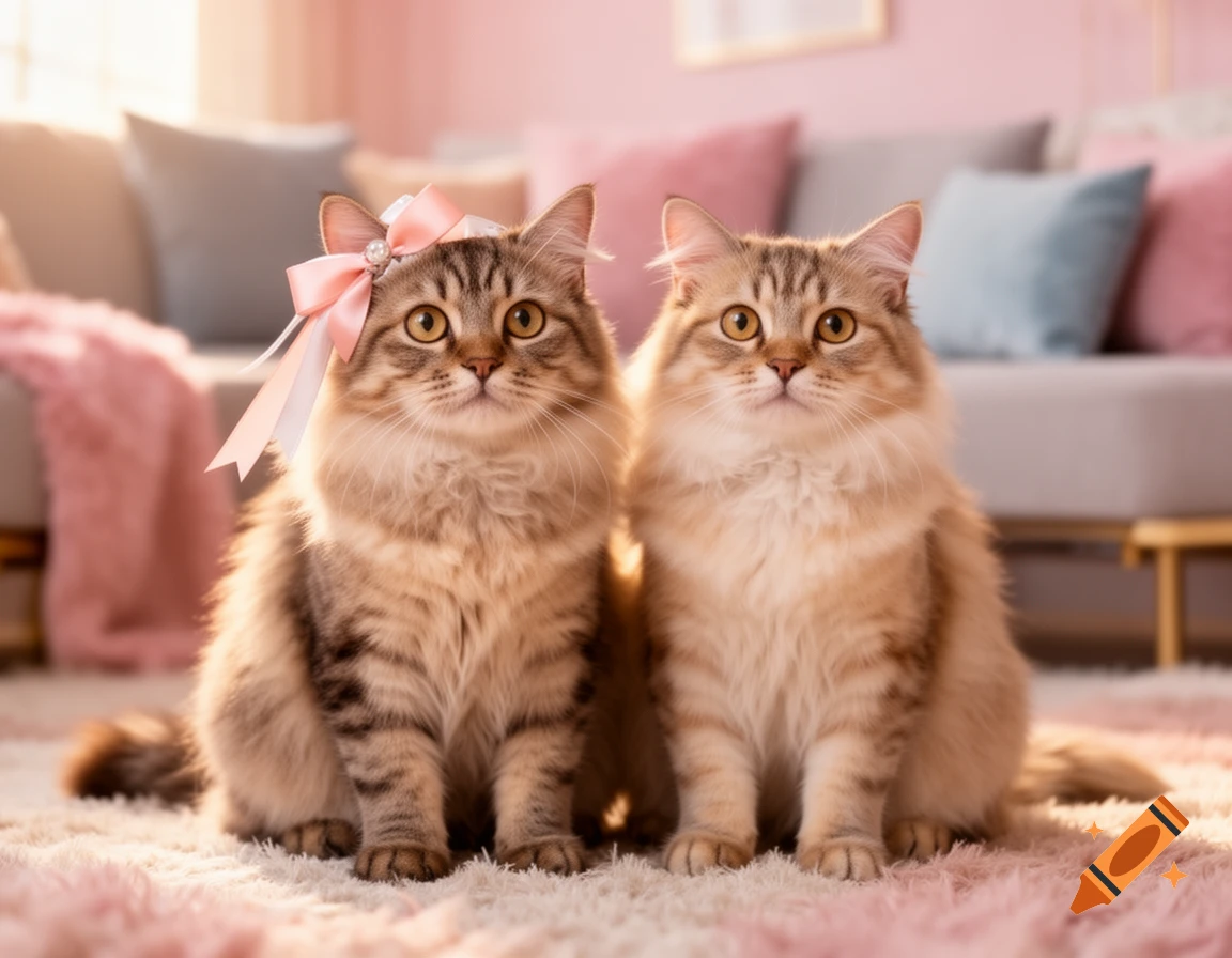 Two fluffy cats, one with a pink bow, sit side-by-side on a pink rug in a pastel-colored living room.