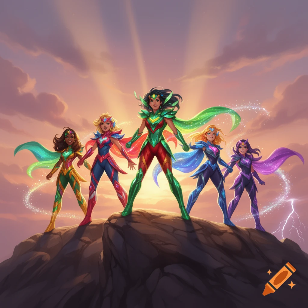 Five female superheroes in vibrant, colorful suits with capes stand triumphantly on a rocky mountain at sunset, with magical effects around them.