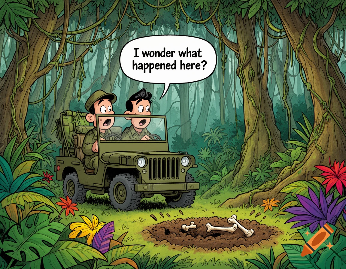 Cartoon men in a jeep in a jungle find bones, one says 'I wonder what happened here?'