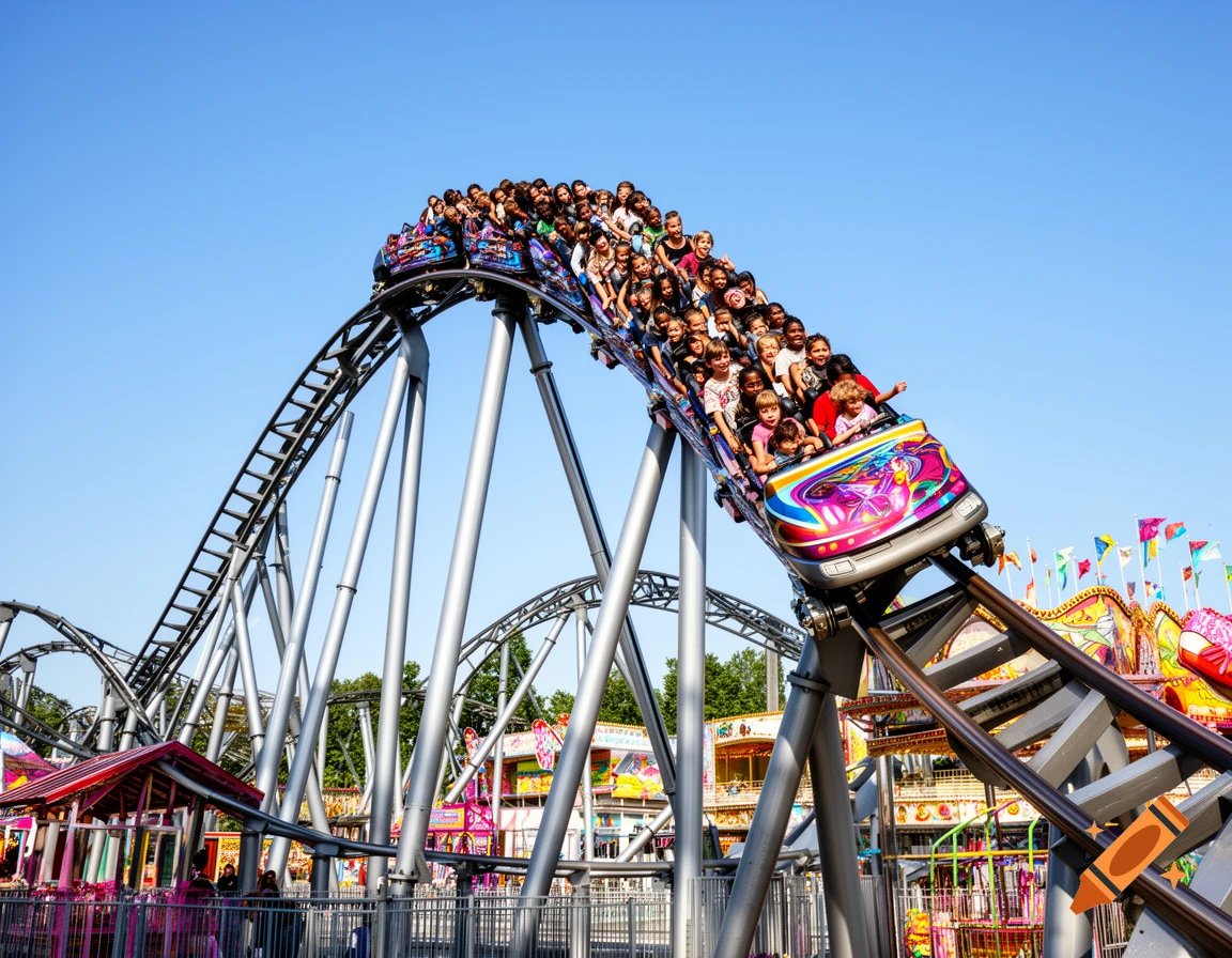 A thrilling rollercoaster, packed with excited people and kids, descends a steep track under a clear blue sky at an amusement park.