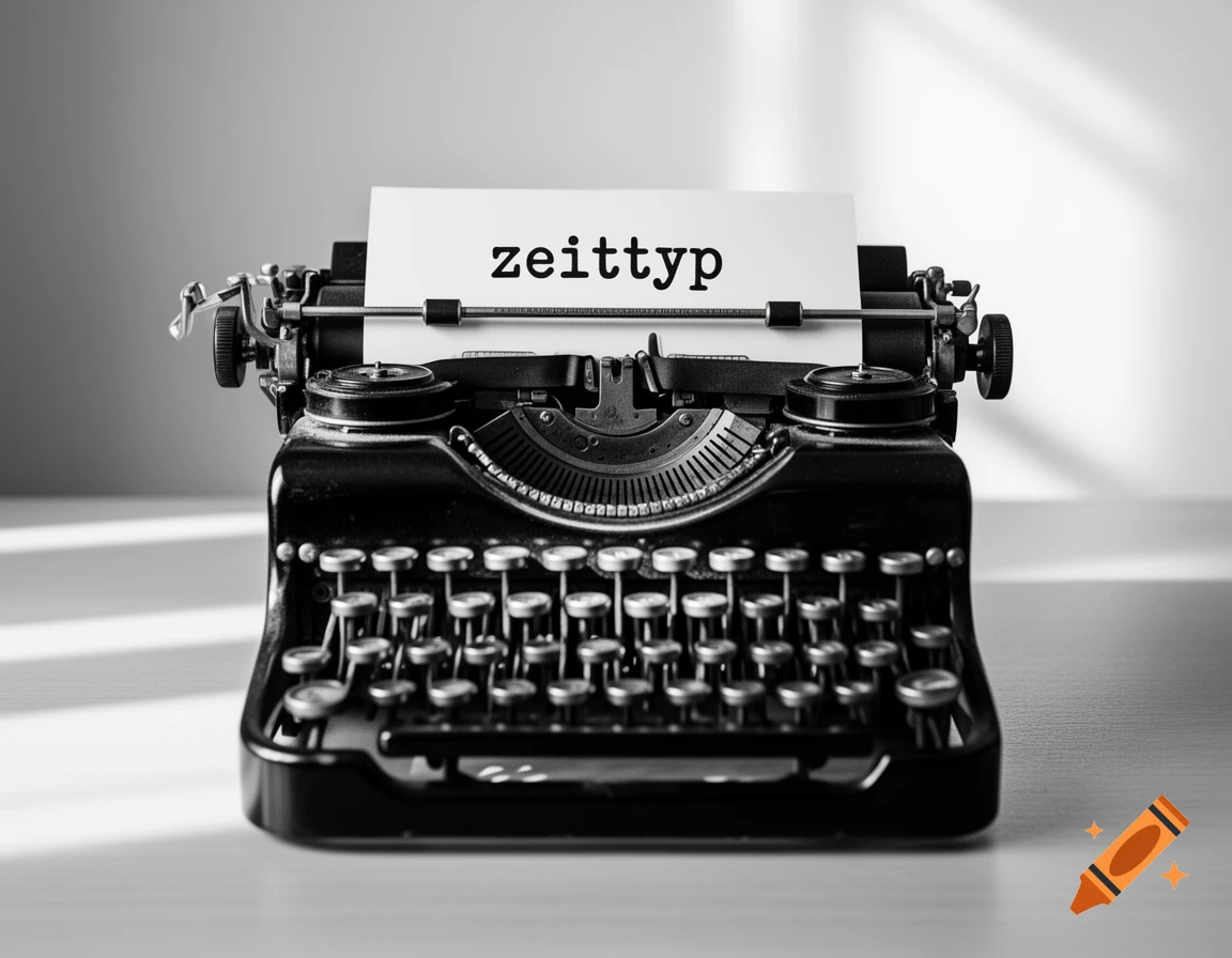 Black and white photorealistic image of a vintage typewriter with paper displaying the word "zeittyp".