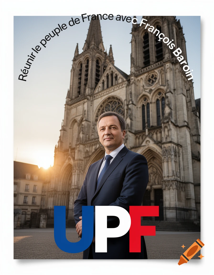 Photorealistic political flyer with Fran mçois Baroin in a suit in front of a cathedral. Text reads 'R méunir le peuple de France avec Fran mçois Baroin' and 'UPF'.