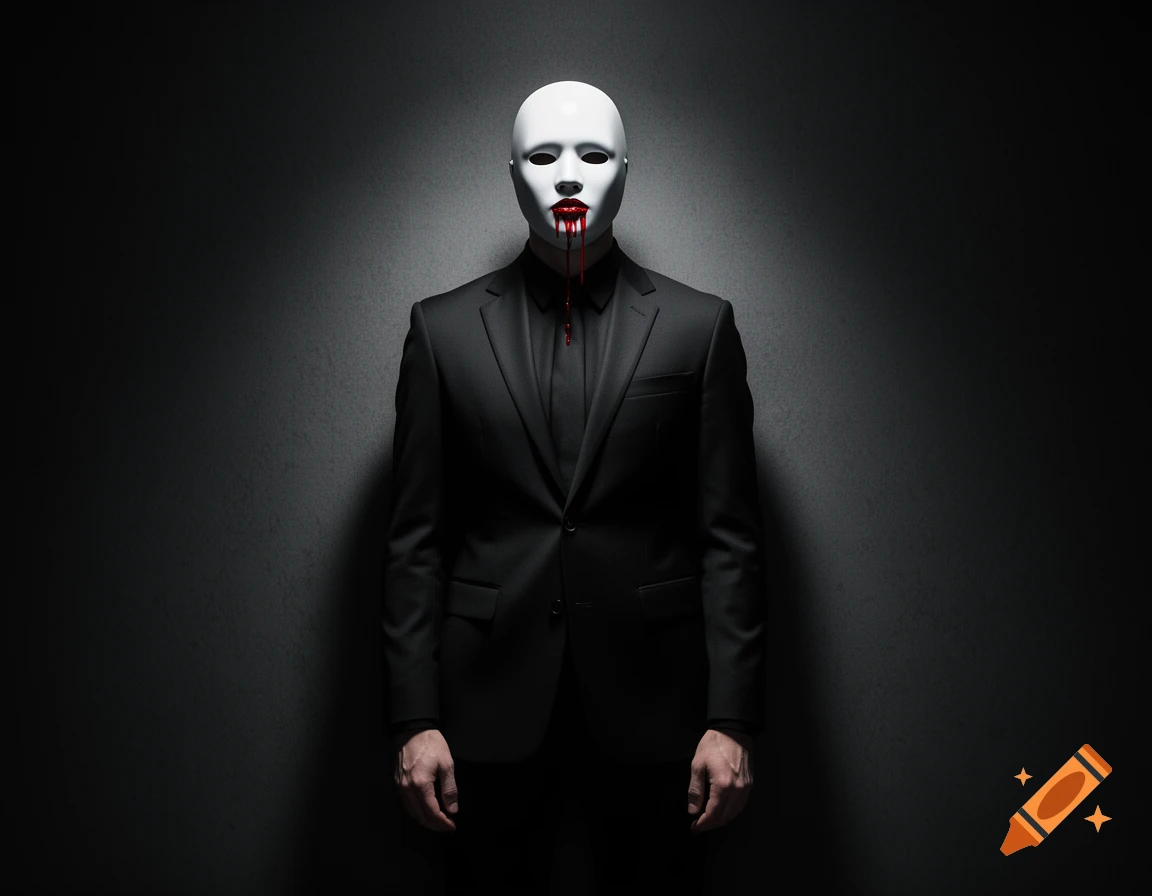 A man in a black suit wears a white mask with dark eyeholes and blood dripping from its mouth, against a dark background.