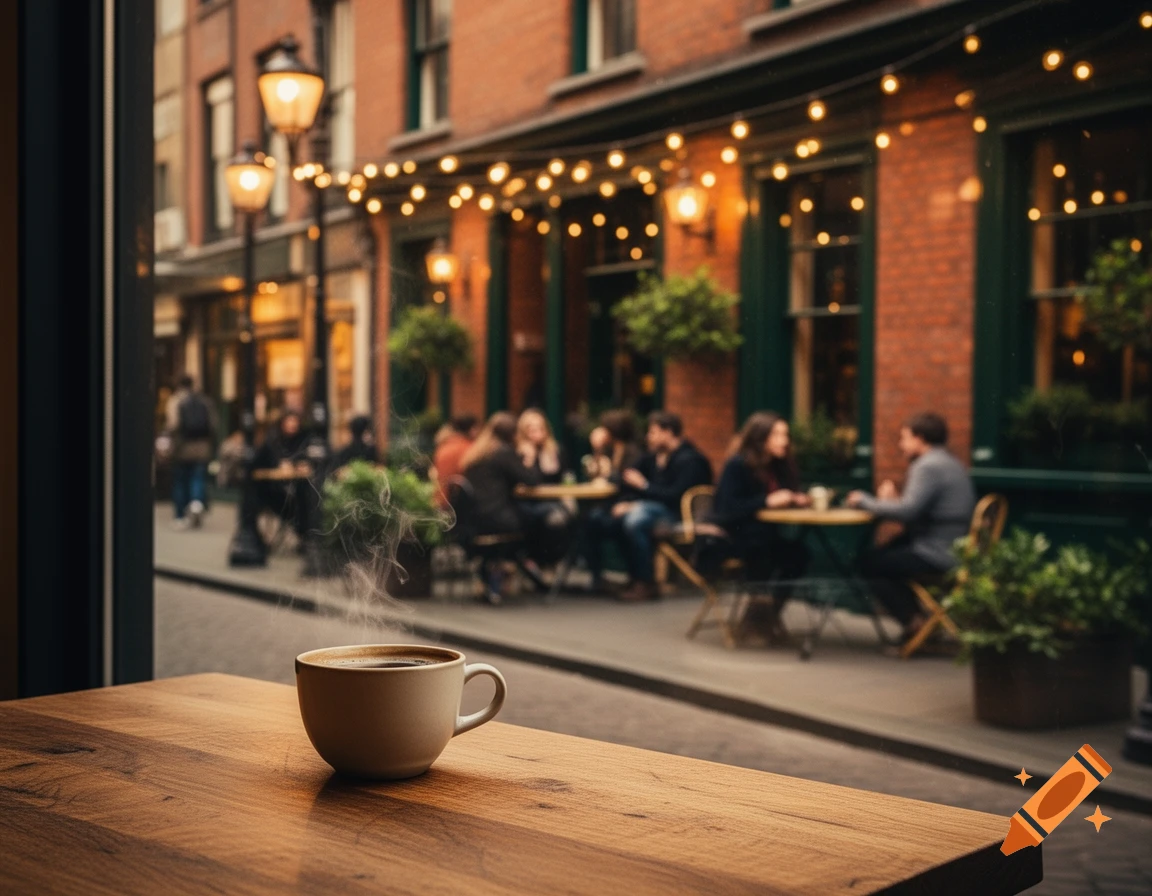 A steamy cup of coffee on a wooden table, overlooking a bustling cafe street with brick buildings and string lights at dusk.