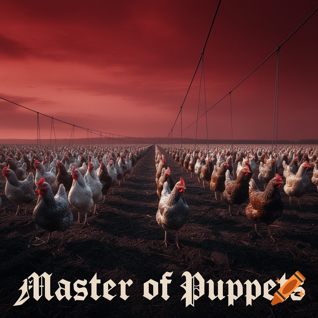 A vast field of chickens under a dramatic red sky, with the text 'Master of Puppets' at the bottom.