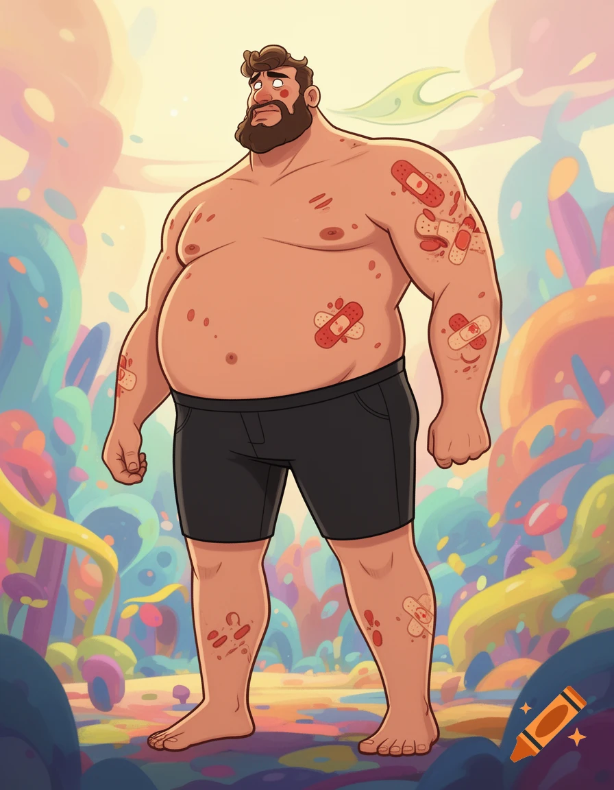 Cartoon illustration of a large, bearded man with band-aids and red marks, standing shirtless in black shorts amidst a colorful, whimsical landscape.