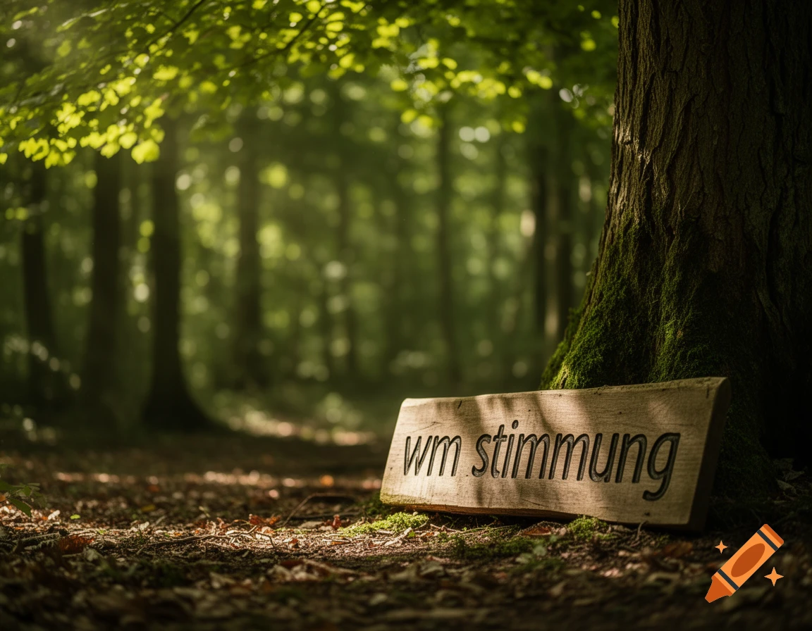A wooden sign with 'wm stimmung' carved into it, leaning against a mossy tree in a sunlit forest.