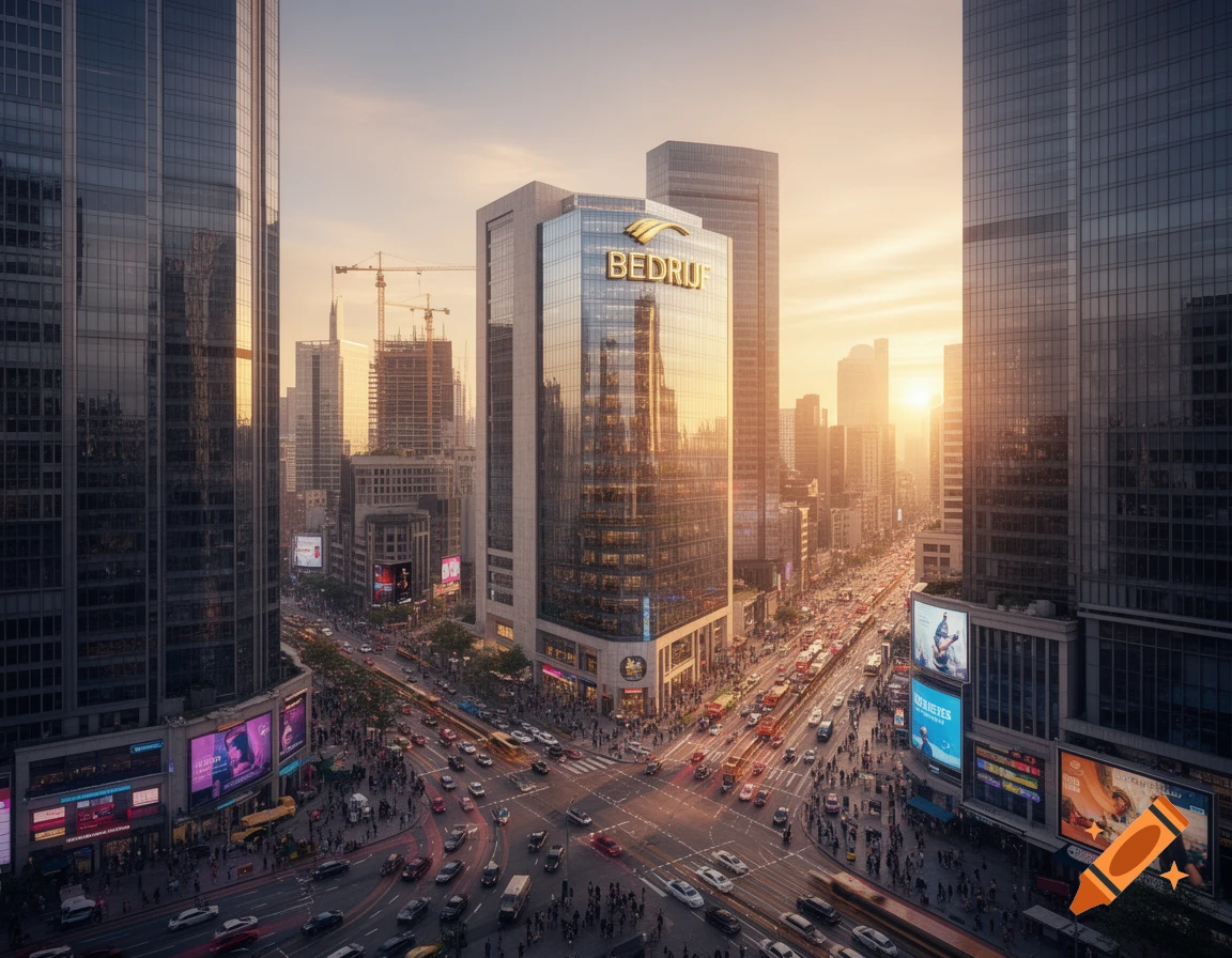 A photorealistic, high-angle view of a bustling city intersection with skyscrapers and heavy traffic at sunset.