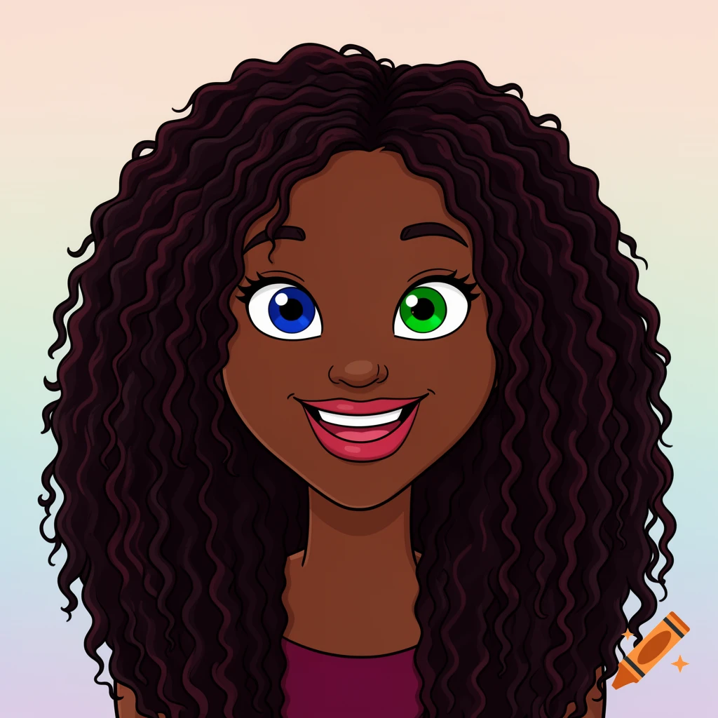 Cartoon portrait of a smiling dark-skinned woman with long curly hair, one blue eye, and one green eye.